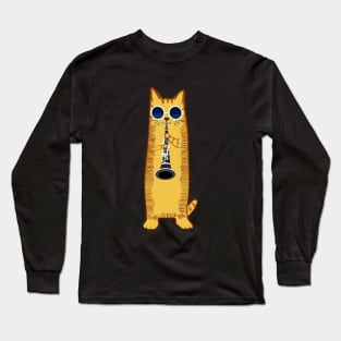 Cool Hippy Hipster Cat Playing The Clarinet Long Sleeve T-Shirt